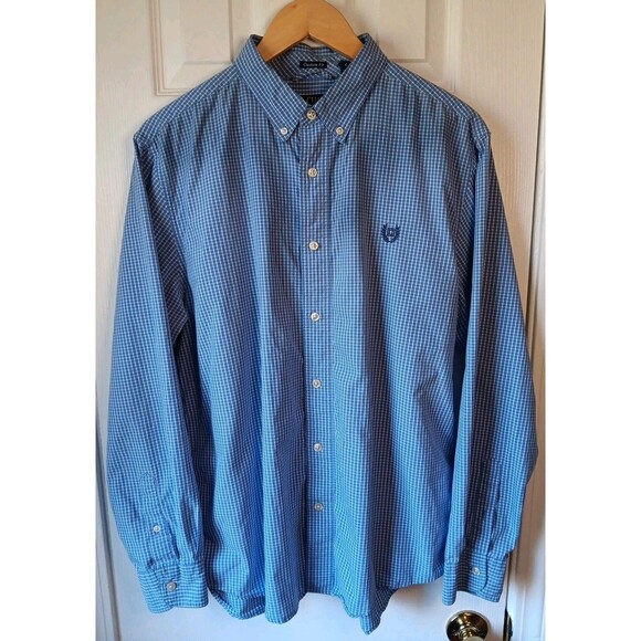 Mens Chaps Long Sleeve Button Down Shirt Large Blue White Check Pattern - Picture 4 of 5